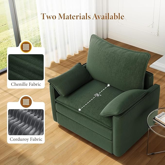 Vesgantti 40" Single Seat Sofa, Comfy Cloud Couch Deep Seat Upholstered Couch Chenille Modern Sofa with Armrest Pillows, Easy Assembly for Living Room, Bedroom and Apartment, Green
