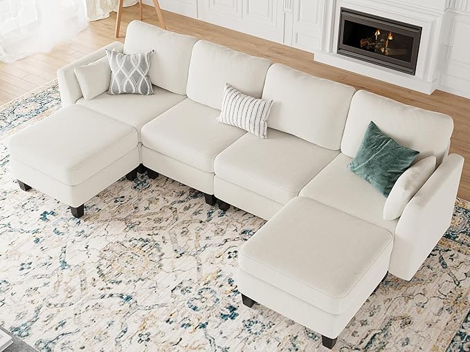 Modular Sectional Sofa, 6 Seaters Modular Sleeper Sofa Couch, Comfy Sectionals Couches Bed, Convertible Sofas with Ottomans, Sectional Couches for Living Room, Beige