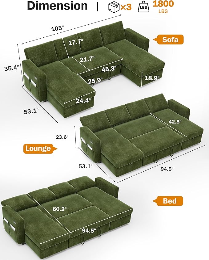 Vipbear 106" Sectional Sleeper Sofa with Pull Out Bed, U Shaped Couch Sleeper Sofa Bed, Pull Out Couch with Reclining Backrest, Double Storage Chaise, USB Ports, Tool-Free Assembly, Chenille Green