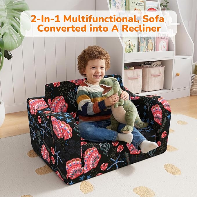 MeMoreCool Folding Kids Couch – 2-in-1 Toddler Sofa Bed, Lounge Chair for Ages 1-3, Playroom Furniture with Removable Cover Lightweight & Portable | Washable | Ideal for Naptime or Travel