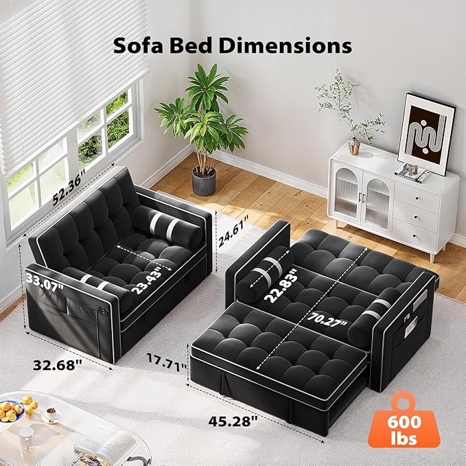 Pipishell 3 in 1 Sleeper Sofa Bed, Pull Out Couch for Living Room with USB Ports & Side Pockets, Adjustable Backrest, Convertible Loveseat Sofa Bed, Futon Couches, Charcoal Black Velvet