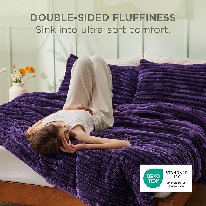 Bedsure Twin/Twin XL Size Comforter - GentleSoft™ 2 Pieces Double-Side Fleece Fluffy Purple Comforter Set, Cozy Striped Room Decor Aesthetic Luxury Twin Bedding Sets, 1 Pillowcase, 68x88 Inches