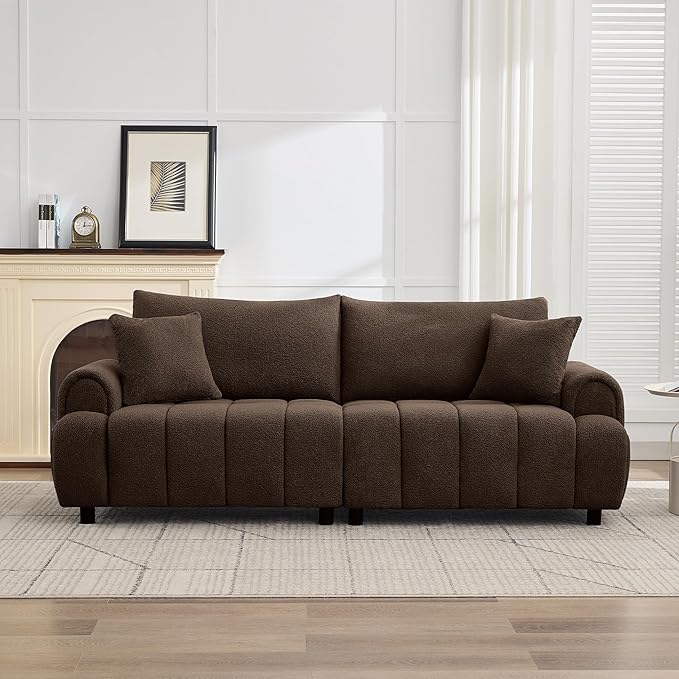 88 "Modern Boucle Sofa Couch, Oversized Comfy 3 Seater Sherpa Curved Sofas Deep Seat, Upholstered Loveseat Teddy Round Arm Couches for Living Room, Bedroom, Brown