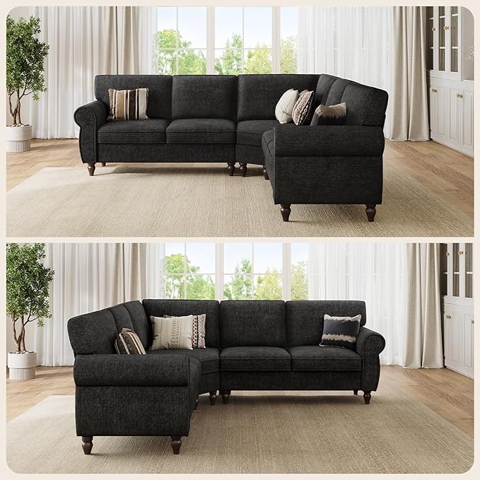 ONBRILL 101" L Shaped Couch, Sectional Corner Sofa with Rolled Arms, 5 Seater Chenille Fabric Couch w/Springs Seat Cushion, Wooden Legs, Comfy Oversized Sofa for Living Room, Apartment, Black