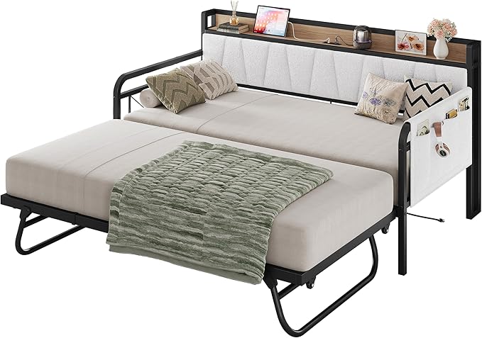 LIKIMIO Daybed with Trundle Bed, Twin Bed Frame with Storage Boucle Headboard and Charging Station, Sofa Day Bed with Strong Supports for Living Room, Bedroom, and Guest Room, Cream