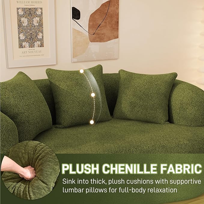 69" Curved Loveseat Sofa for Living Room, Modern Chenille Love Seat Cloud Couch, Luxury Plush Extra Deep Oversized Sofa for Small Spaces, Bedroom, Apartment‌, No Assembly Required, Green