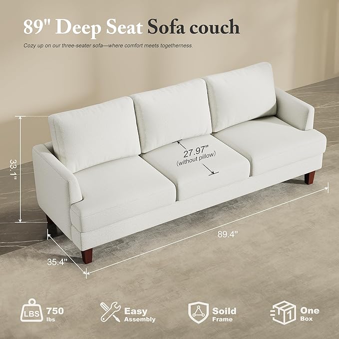 3 Seater Sofa Couch with Deep Seats, 89" Mid Century Modern Upholstered Sofa with Armrests, Comfy Couches for Living Room, Bedroom, Apartment and Office (Beige)