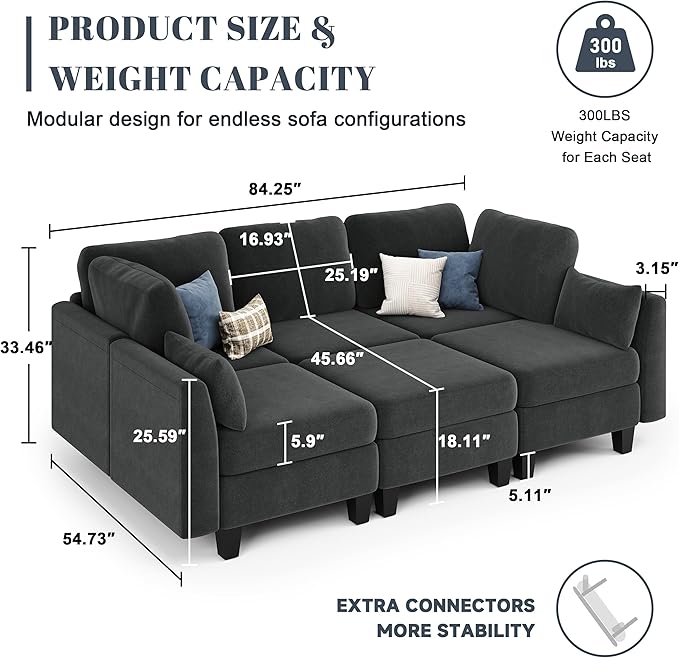 Sectional Sleeper Sofa, 6 Seaters Modular Sleeper Sofa Couch, Comfy Sectionals Couches Bed, Convertible Sofas with Ottomans, Modular Sectional Couches for Living Room, Dark Grey