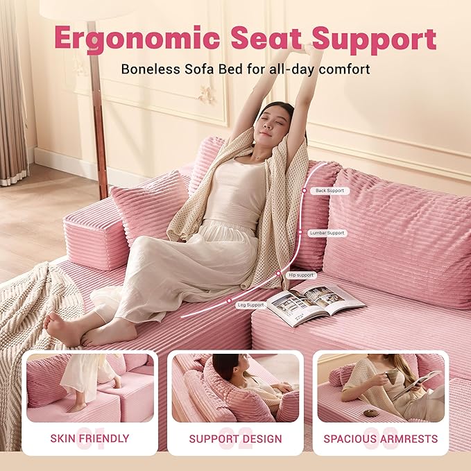 107" Boneless Couch with Deep Seat, Set of Modular Sectional Sofa, Cloud Sectional Couch for Living Room, No Assembly Required, Corduroy, U-Shape 3 Seater Left, Pink