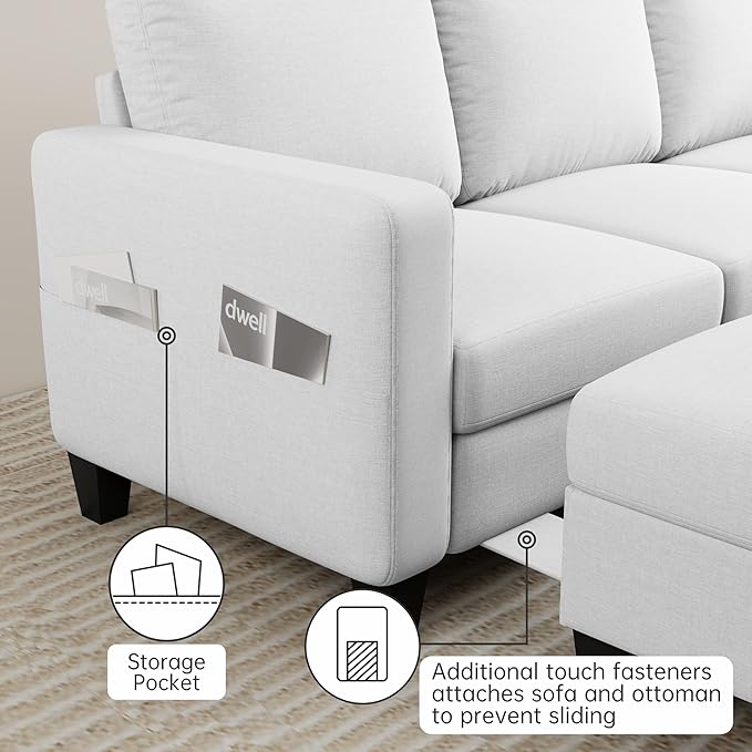 Sectional Sofa and Couches for Living Room, 78'' White 3 Seat L-Shaped Couch with Movable Ottoman, Comfy Velvet Convertible Sectionals Sofas with Chaise for Apartment, Dorm, Small Space