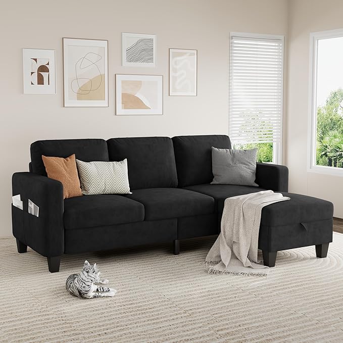 Sectional Sofa and Couches for Living Room, 78'' Black 3 Seat L-Shaped Couch with Movable Ottoman, Comfy Velvet Convertible Sectionals Sofas with Chaise for Apartment, Dorm, Small Space