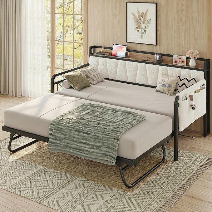LIKIMIO Daybed with Trundle Bed, Twin Bed Frame with Storage Boucle Headboard and Charging Station, Sofa Day Bed with Strong Supports for Living Room, Bedroom, and Guest Room, Cream