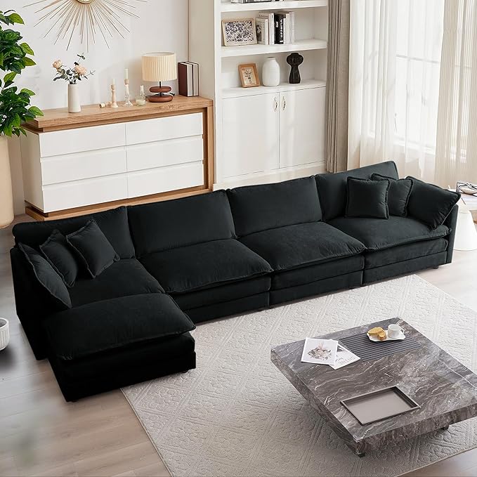 mikibama Modular Sectional Sofa, 146.5 Inch L Shaped Couch Set for Living Room, 4-Seater Comfy Cloud Couches with Movable Ottoman, DIY Combination, Chenille, Black