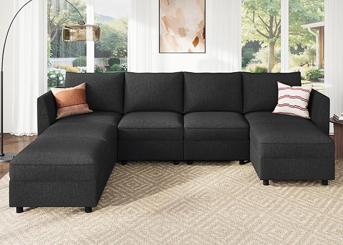 HONBAY Modular Sofa U Shaped Sectional Couch with Storage, Convertible Modular Sofa 7 Seats Sectional for Living Room - Linen Grey