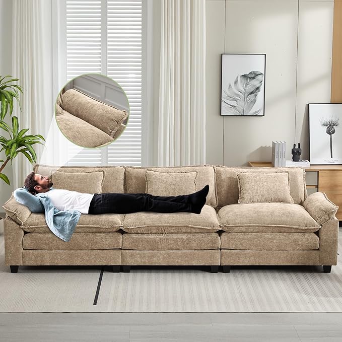 120" Modular Sectional Sofa, Comfy Cloud Couch Sectional, Chenille Sofa Sleeper Deep Seat Sofa with Throw Pillows for Living Room (Khaki, 120"- 3 Seater)