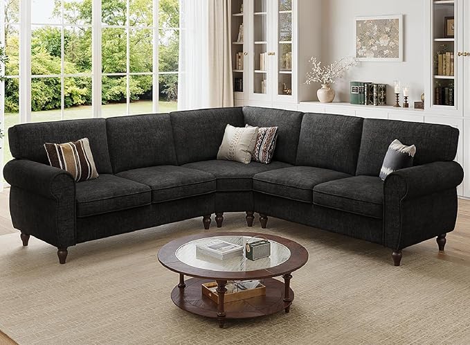 ONBRILL 101" L Shaped Couch, Sectional Corner Sofa with Rolled Arms, 5 Seater Chenille Fabric Couch w/Springs Seat Cushion, Wooden Legs, Comfy Oversized Sofa for Living Room, Apartment, Black