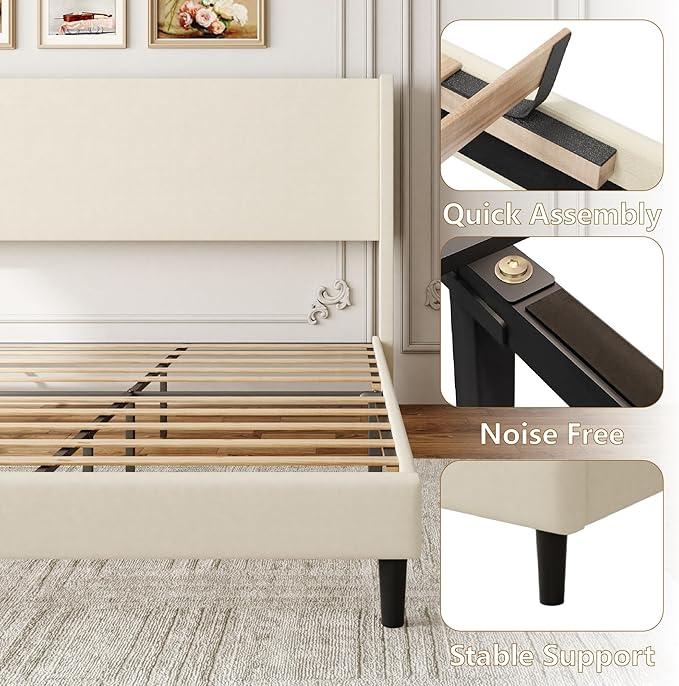 Sismplly King Bed Frame with Wingback Headboard, Velvet Upholstered Platform Bed with Wooden Slats, 6.46“ Under Bed Storage, Metal Support, Noise Free, No Box Spring Needed, Beige