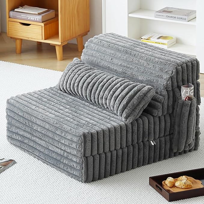 Tiita Folding Sofa Bed Single Size, Convertible Sleeper Chair Mattress with Pillow, Thick Corduroy Floor Mattress Couch Bed with Side Pocket, Guest Room, Dorm, Apartment, Grey