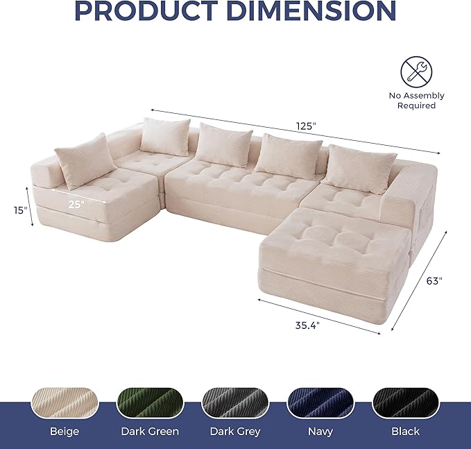 MAXYOYO Modular Sectional Sofa Couch, Foldable U Shaped Cloud Couch with Pillows, Tufted 6-Seat Boneless Sleeper Lounger Floor Sofa Bed for Living Room, No Assembly Required, Beige