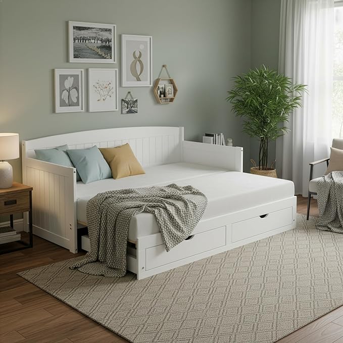 Alaterre Furniture Harmony Twin to King Daybed with Pop Up Trundle Bed - Solid Wood Twin Day Bed with 2 Pull-Out Storage Drawers and 400lb Capacity - For Kids, Guest Room, Living Room (White)