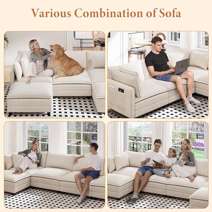 Vesgantti 109" U Shaped Cloud Sectional Sofa, Comfy Corduroy Upholstered Sectional Modular Sofas for Living Room, Modern Modular Couch with 2 Ottoman Deep Seat, Beige