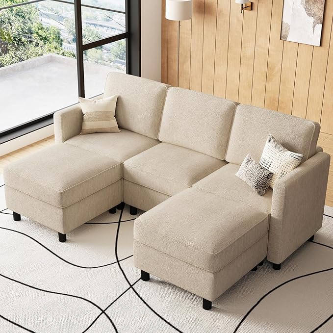 Belffin 84.3" 5 Seats U Shaped Couch Modular Sectional Sofa Washable Sectional Couches for Living Room Comfy Couches with Storage Seat Couch Sofas with Chaise,Beige