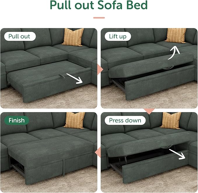 HONBAY Sectional Sleeper Sofa with Pull Out Bed, Corduroy L Shaped Couch with Storage, Modular Sectional Couches for Living Room, Green
