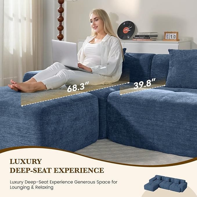 122" L Shaped Convertible Modular Couch, Cloud Couch Sectional with Ottoman, 4-Seater Chenille Boneless Couches for Living Room, Apartment, No Assembly, Blue 1PCS
