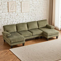 Karl home U-Shape Sectional Sofa Couch 111" Modern 4-Seat Sofa with Chaises Corduroy Fabric Upholstered Covertible Couch with Wood Grain Legs for Living Room, Reception Room, Apartment, Green