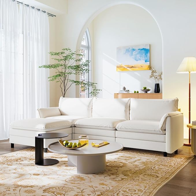 FLEXISPOT SF6 L-Shaped Cloud Sectional Couch with Storage Ottoman, 3-Seater Modular Sectional Sofa, 100.4" Wide Comfy Upholstered Sofa Couch for Living Room Apartment, Chenille White