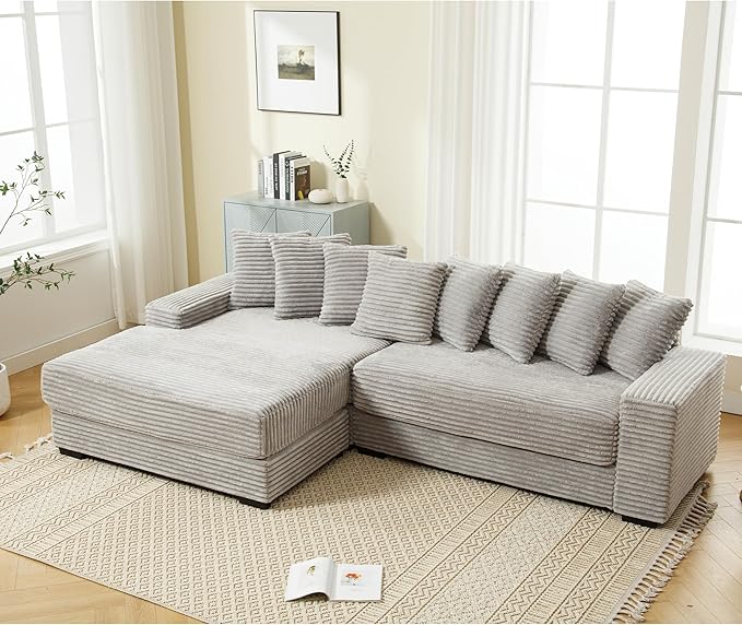 111 Inch Cloud Sectional Couches for Living Room | L-Shaped Sectional Couch with 8 Pillows | Corduroy Couch with Deep Seat | Solid Wood Frame Sofa Light Grey (Left Facing Chaise)