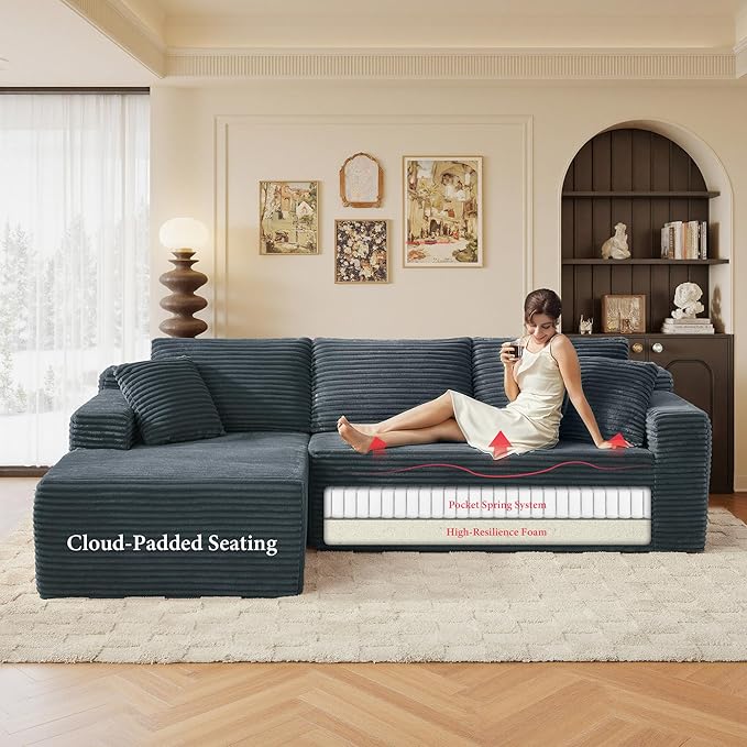 96" Sectional Couches for Living Room Cloud Couch Sofa with L-Shape Upholstered Boneless Couchs Modern Modular Sectional Couch with Chaise (Dark Grey, 95" W+Left Facing Chaise+2Seaters)