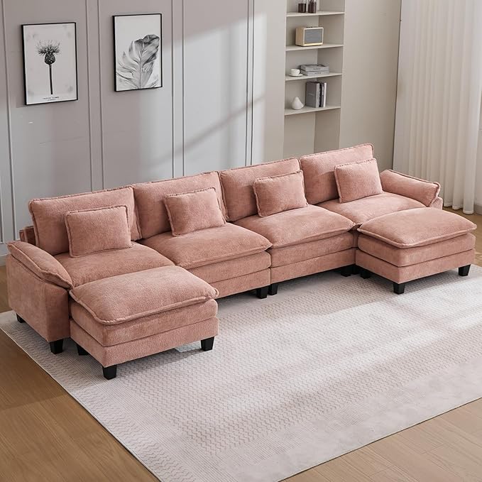 154" Modular Sectional Sofa, Comfy Cloud Couch Sectional Sofa with Ottoman, Chenille Sofa Sleeper Deep Seat Sofa with Throw Pillows for Living Room (Pink, 154"- U Shape)