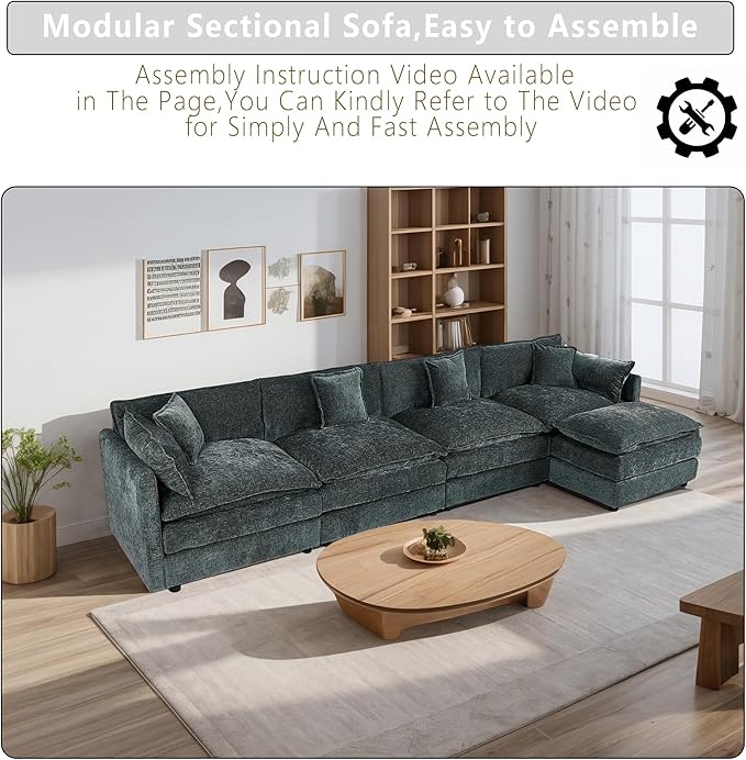 Setawix Deep 4 Seater Couch with Ottoman,147.22" L-Shaped Cloud Couches for Living Room,Chenille Cloud Sofa Couch with Deep Seat,Modular Sectional L Shape 4 Seat Sofa for Bedroom (Grey, 4+1)