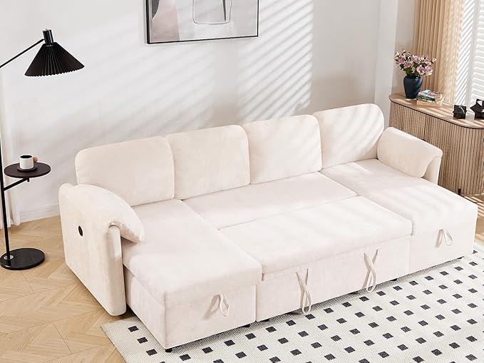 Tbfit 109'' Pull Out Sofa, Sleeper Sofa Bed with USB & 2 Storage Chaises, Comfy Oersized U Shaped Convertible Sectional Sleeper Couches for Living Room, Apartment, Office, Beige