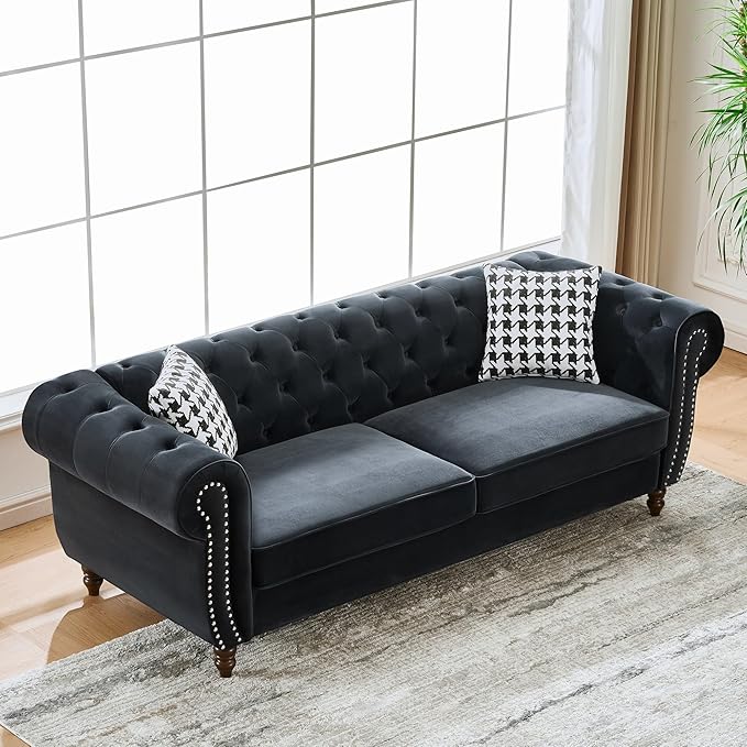 Comfortable Straight-Row Sofa with 2 Pillows,67" Refined Velvet 2 Seat Sofa with Roll Armrest & Nailhead,Sturdy Structure Upholstered Loveseat Couch for Apartment,Office,Reception Area,Black