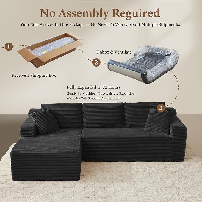 96" Sectional Couches for Living Room Cloud Couch Sofa with L-Shape Upholstered Boneless Couchs Modern Modular Sectional Couch with Chaise (Black, 95" W+Left Facing Chaise+2Seaters)