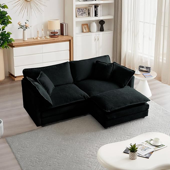 mikibama Modular Sectional Sofa, 76.4 Inch L Shaped Couch Set for Living Room, Loveseat Comfy Cloud Couches with Movable Ottoman, DIY Combination, Chenille, Black