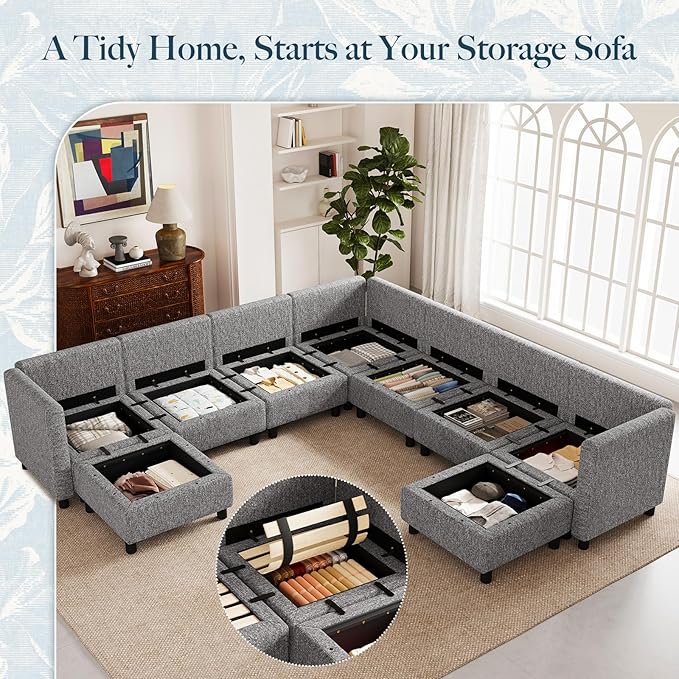 Belffin 107.1" 9 Seats Modular Sectional Sofa U Shaped Couch Big Corner Washable Sectional Couches for Living Room Comfy Couches with Storage Seat Couch Sofas with Chaise,Grey