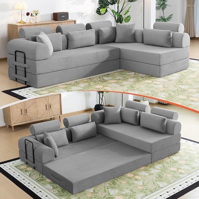106" L-Shaped Modular Boneless Couch, 2-Piece System (2×70.87"), Convertible Sectional to 141.7" Straight Sofa, Corduroy Couch in a Box, Headrest & Back Pillows for Living Room, Light Grey