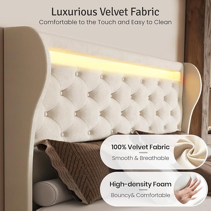 Belffin Queen Size Bed Frame with Headboard,50" Tall Headboard Upholstered Velvet Platform Bed with LED Lights & 2 USB Port/1 Type C Port, Button Tufted,No Box Spring Needed, Noise Free,Beige