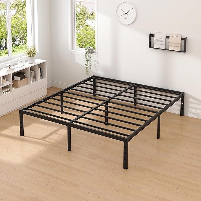 NEW JETO Metal Bed Frame,King Size Bed Frame with Storage Space,Heavy Duty Sturdy Mattress Foundation,Easy Assembly,No Box Spring Needed,Black,12 Inch,King