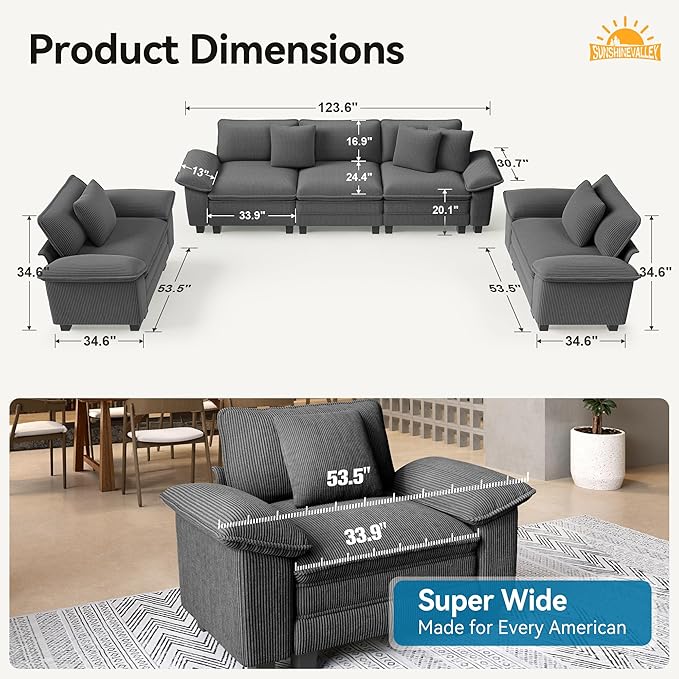 3 Piece Living Room Sofa Furniture Set, Corduroy 2 Comfy Cloud Chairs and 3-Seat Modular Couch with Pillow, Oversized 5-Seat Modern Deep Sectional Sofa for Apartment, Grey