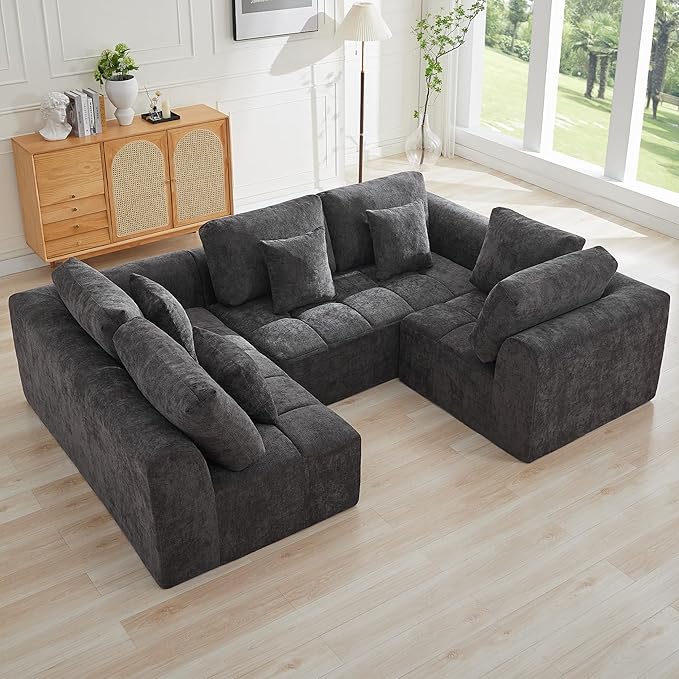 110''Modular Sectional Couches for Living Room, Cloud Boneless Compressed Sectional Sofa, Oversized U Shaped 5 Seater Upholstered Memory Foam Sofa, No Assembly, Chenille Grey