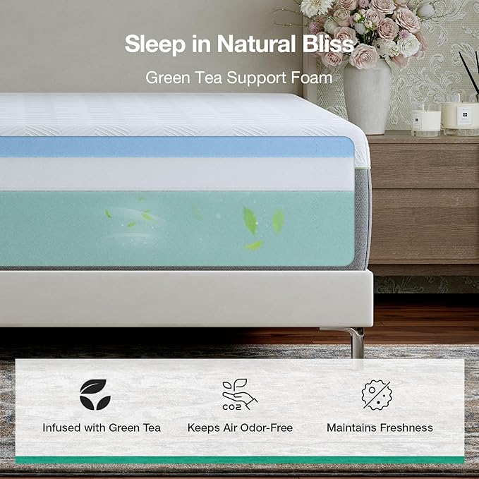 Novilla Bliss Green Tea Twin Mattress, 12 Inch Gel Twin Memory Foam Mattress in a Box for Hot Sleepers with Nylon Cover, Cool Night Sleep & Back Pain Relief & Motion Isolating with Certified Foams