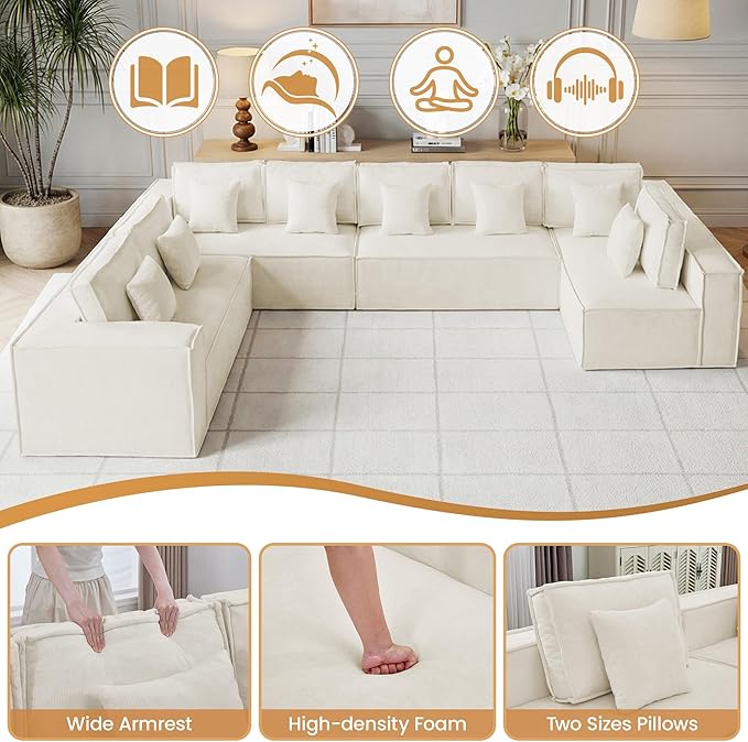 167'' Boneless Chenille U Shaped Couch, Oversized Modular Sectional 8 Seater Sofa, Modern Deep Seat Corner Cloud Compressed Couch, No Assembly Sleeper Sofa with Chaise for Living Room, Beige