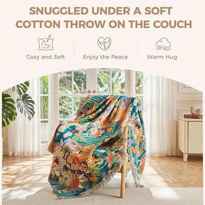 LUTBM Throw Blanket for Couch Sofa Soft Cotton Spring Blankets for Bedroom Living Room All Season Reversible Leopard Embroidery Reversible Breathable Throws Whimsical Home Decor 50"x60"