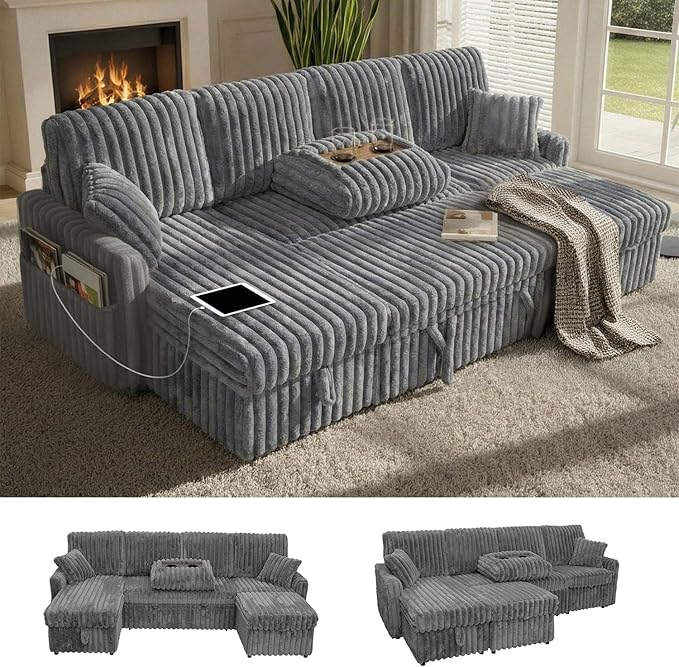 104" U Shaped Sleeper Sofa Bed, Sectional Couches for Living Room, Plush Corduroy Pull Out Couch Bed with Storage, Modular Sectional Couch with Charging Station, Cup Holder, Side Pocket, Light Grey