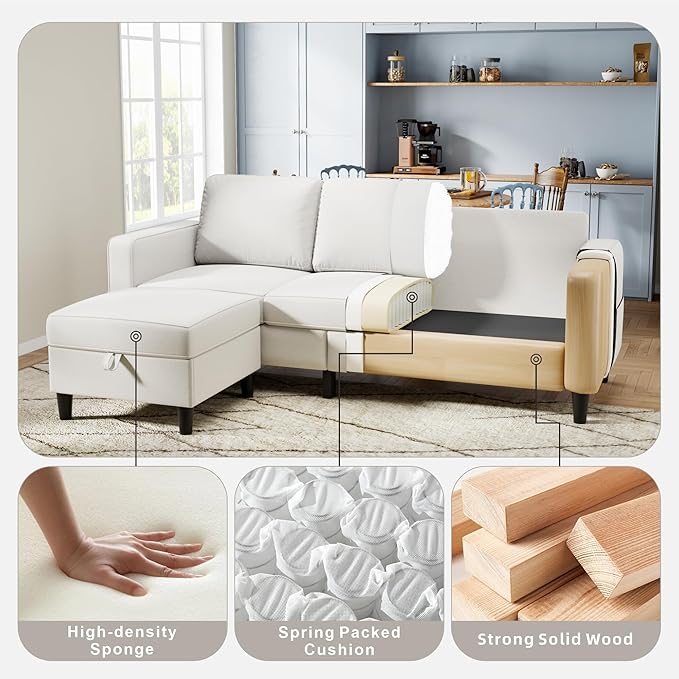 Sectional Sofa and Couches for Living Room, 78'' Beige 3 Seat L-Shaped Couch with Movable Ottoman, Comfy Linen Convertible Sectionals Sofas with Chaise for Apartment, Dorm, Small Space