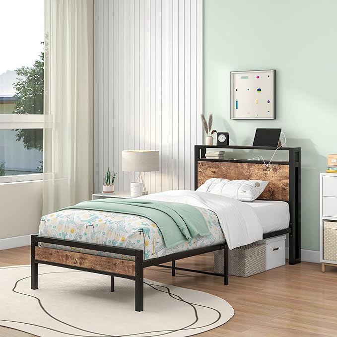 BOFENG Twin Bed Frame with Storage Headboard/USB Charging Station,Heavy Duty Metal Platform Bed Frames Twin Size No Box Spring Needed,Firm Steel Slats Support,Noise Free,Rustic Brown